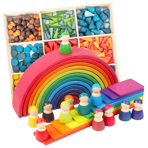 Mochii Open-ended Play features a series of Rainbow Stackers and loose parts, enabling children to express their creativity freely.